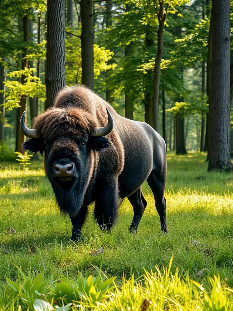 A photograph of a European bison grazing peacefully in the Białowieża Forest, Poland, showcasing the country's commitment to preserving its unique wildlife.
