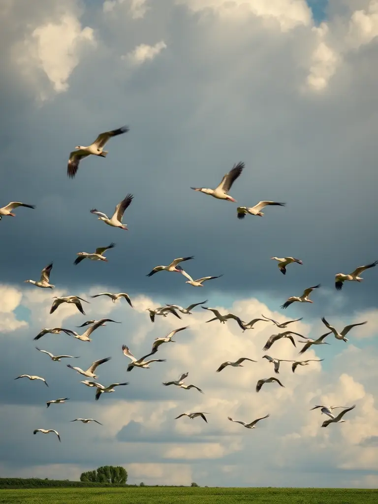 A vibrant image of a flock of white storks soaring over a lush green field in Poland, symbolizing the country's rich birdlife and conservation efforts.