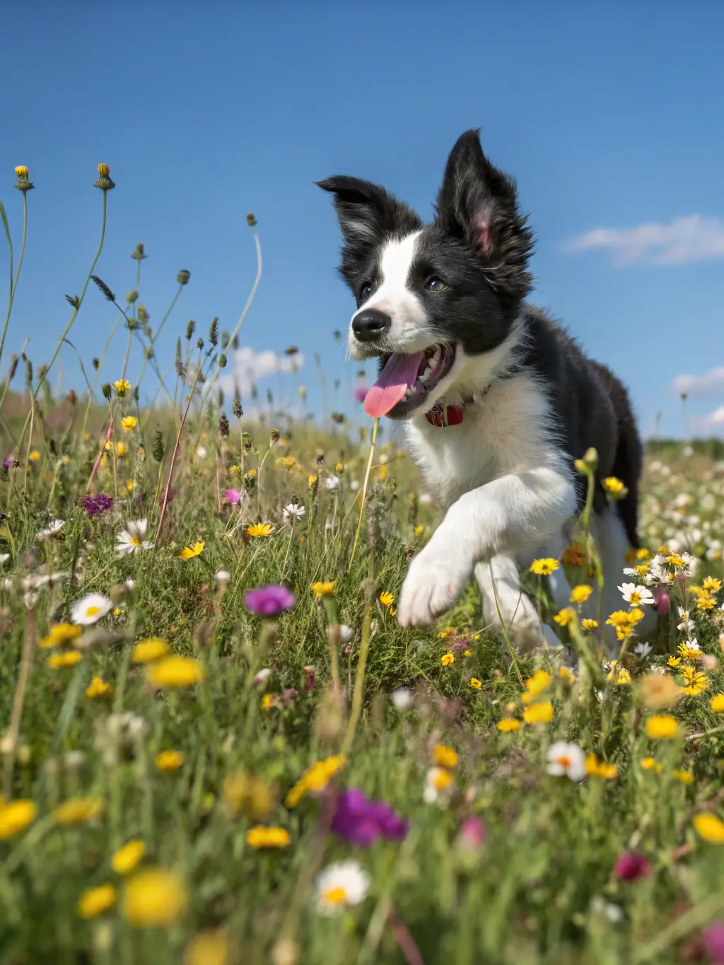 A playful Golden Retriever puppy running through a field of wildflowers in Poland, capturing the joy and energy of dogs in the Polish countryside.